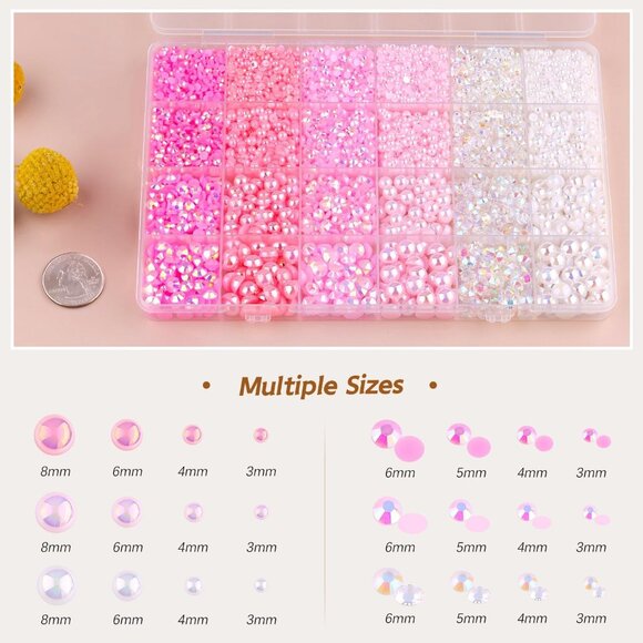 9000PCS Flatback Pearls and Rhinestones for Bedazzling, Pink White Mixed Size 3- - Picture 2 of 7